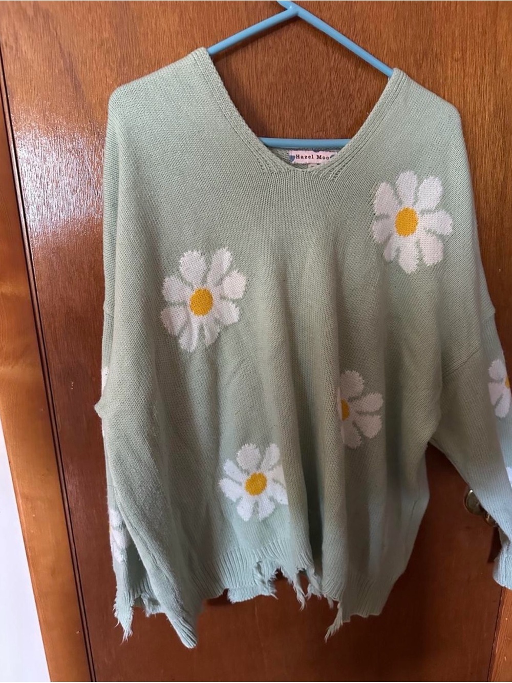 Mint Daisy Knit Sweater - Relaxed V-Neck
